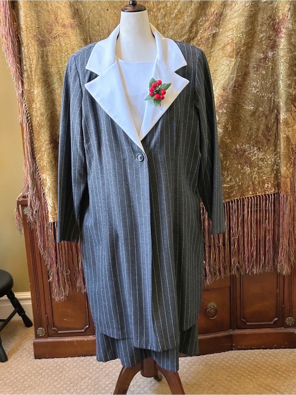Gray Pinstripe Midi Dress with White Lapel